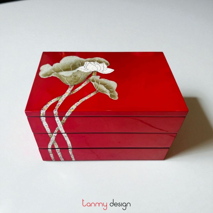 3 tier square box hand-painted with lotus 20*30cm